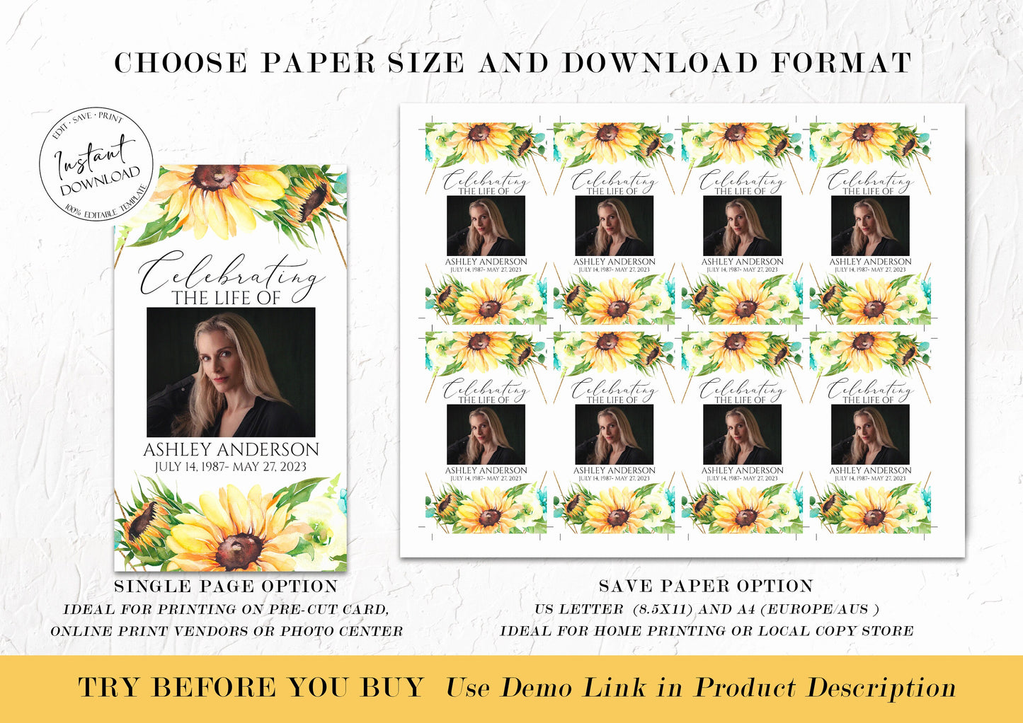 Editable Sunflower Funeral Prayer Card Template, Printable Sunflower Memorial Prayer Card, Funeral Prayer Card, Catholic Mass Card, Sunflower Obituary Card