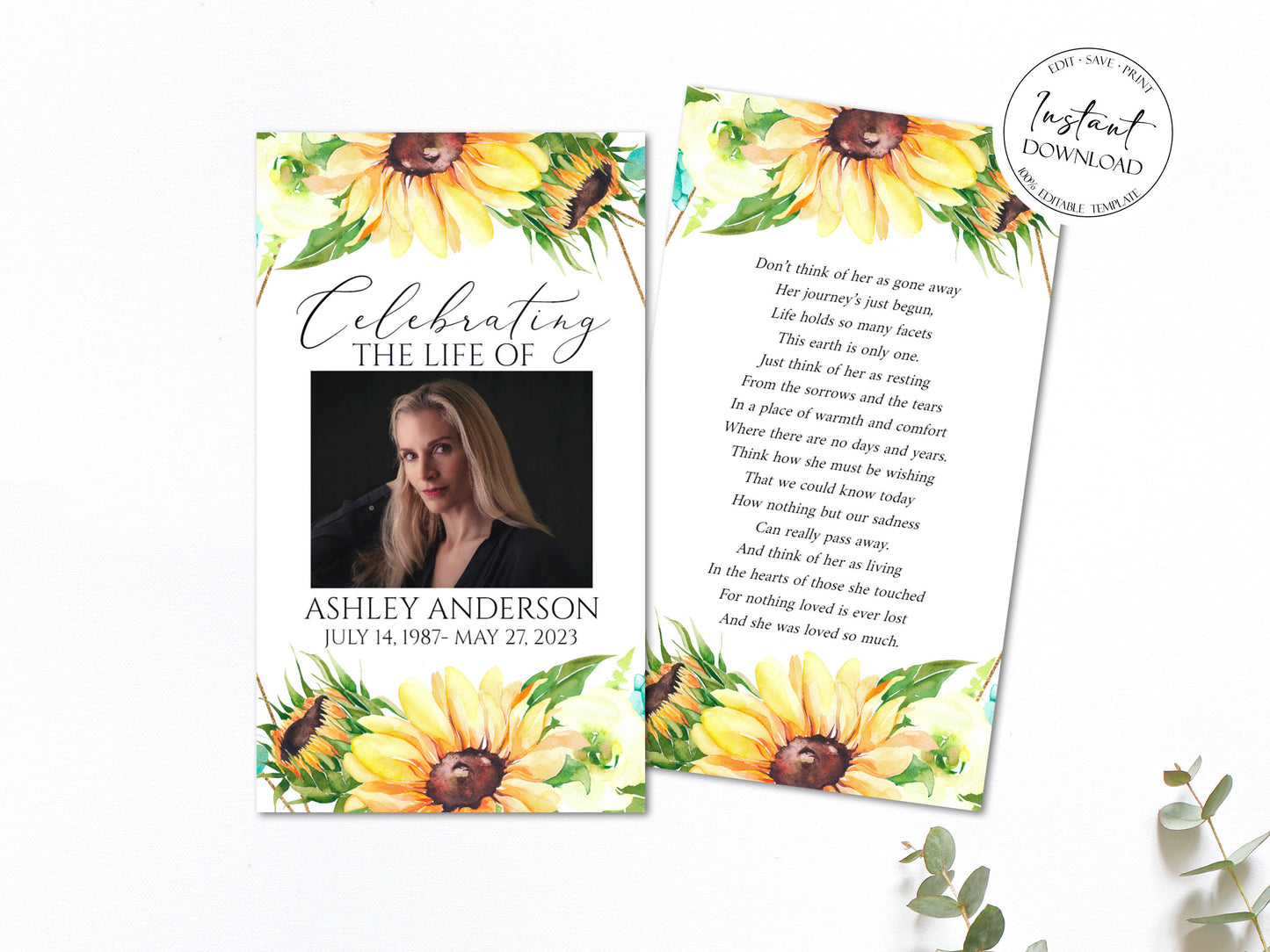 Editable Sunflower Funeral Prayer Card Template, Printable Sunflower Memorial Prayer Card, Funeral Prayer Card, Catholic Mass Card, Sunflower Obituary Card
