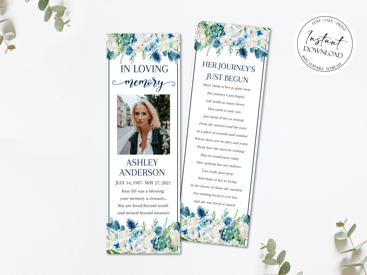 In Loving Memory Blue White Floral Funeral Bookmark Template, Blue White Funeral Bookmark, Memorial Bookmark, Obituary Bookmark, Funeral Memory Bookmark B1