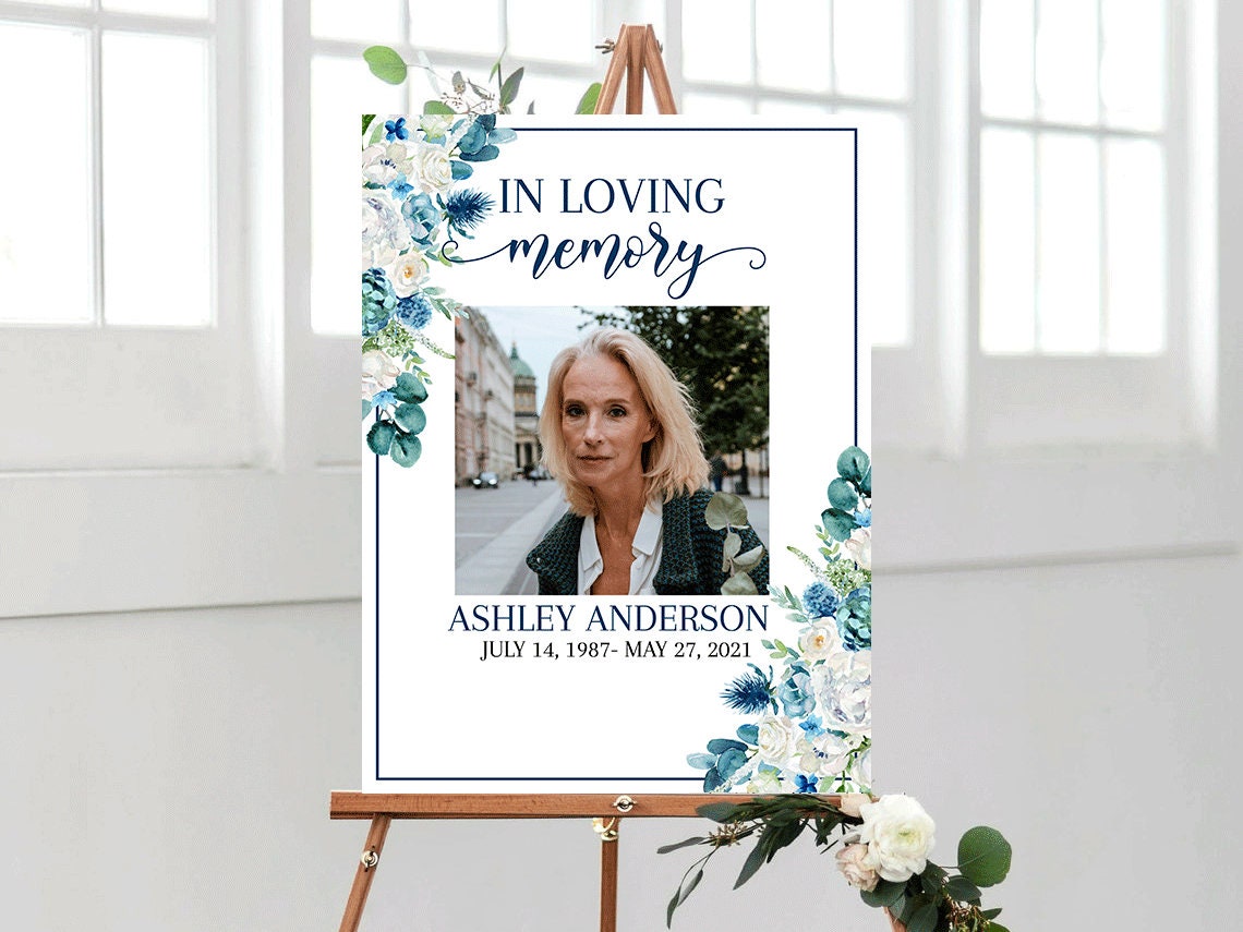 In Loving Memory Blue White Floral Funeral Welcome Sign Template Celebration Of Life Poster, Blue Funeral Poster Template, Memorial Sign, Editable Funeral Sign B1