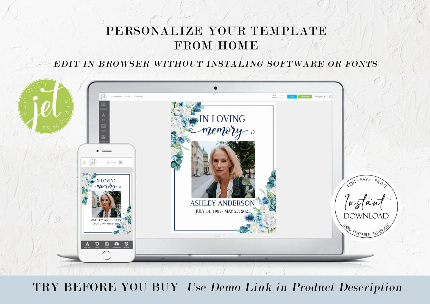 In Loving Memory Blue White Floral Funeral Welcome Sign Template Celebration Of Life Poster, Blue Funeral Poster Template, Memorial Sign, Editable Funeral Sign B1
