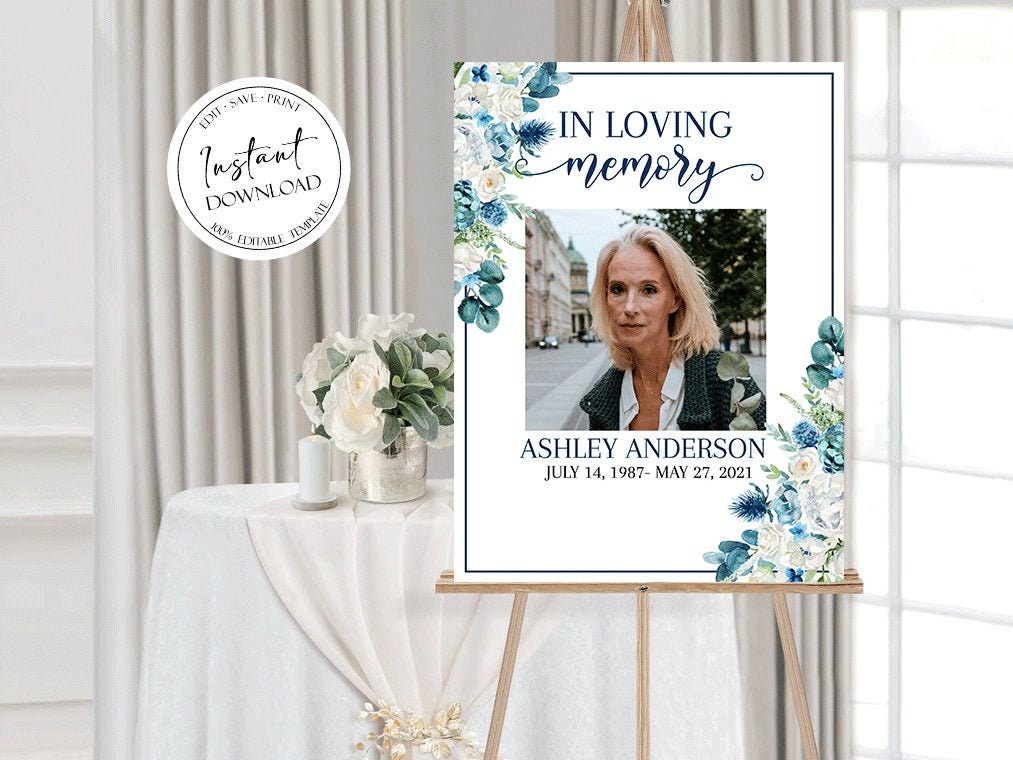 In Loving Memory Blue White Floral Funeral Welcome Sign Template Celebration Of Life Poster, Blue Funeral Poster Template, Memorial Sign, Editable Funeral Sign B1