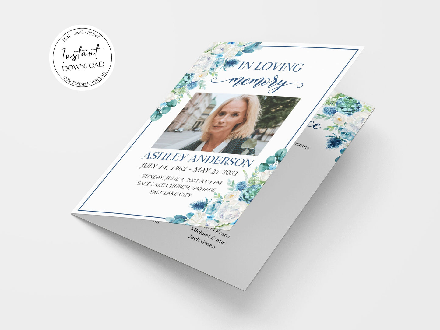 In Loving Memory Blue White Floral Funeral Program Template, Blue White Floral Funeral Brochure Template, Memorial Program, Obituary Program, Funeral Mass Program B1