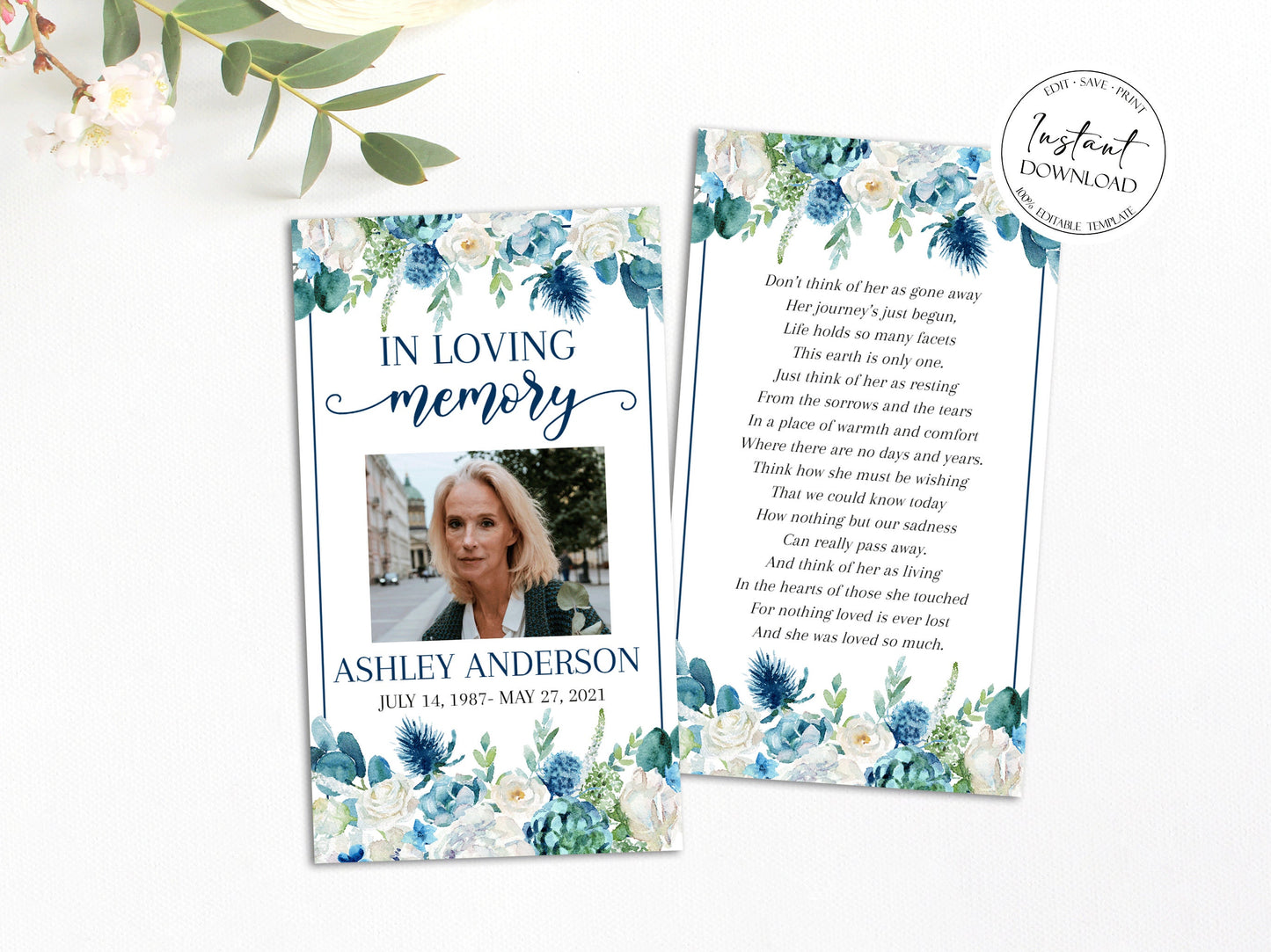In Loving Memory Blue White Floral Funeral Prayer Card Template, Printable Memorial Prayer Card Template, Blue White Floral Funeral Prayer Card B1