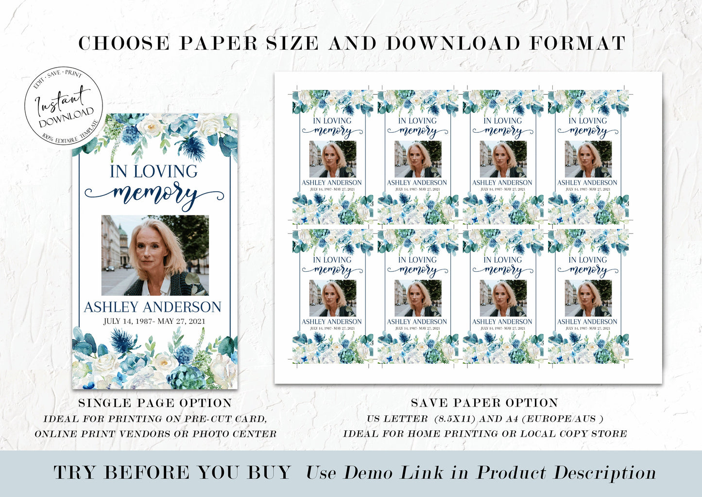 In Loving Memory Blue White Floral Funeral Prayer Card Template, Printable Memorial Prayer Card Template, Blue White Floral Funeral Prayer Card B1