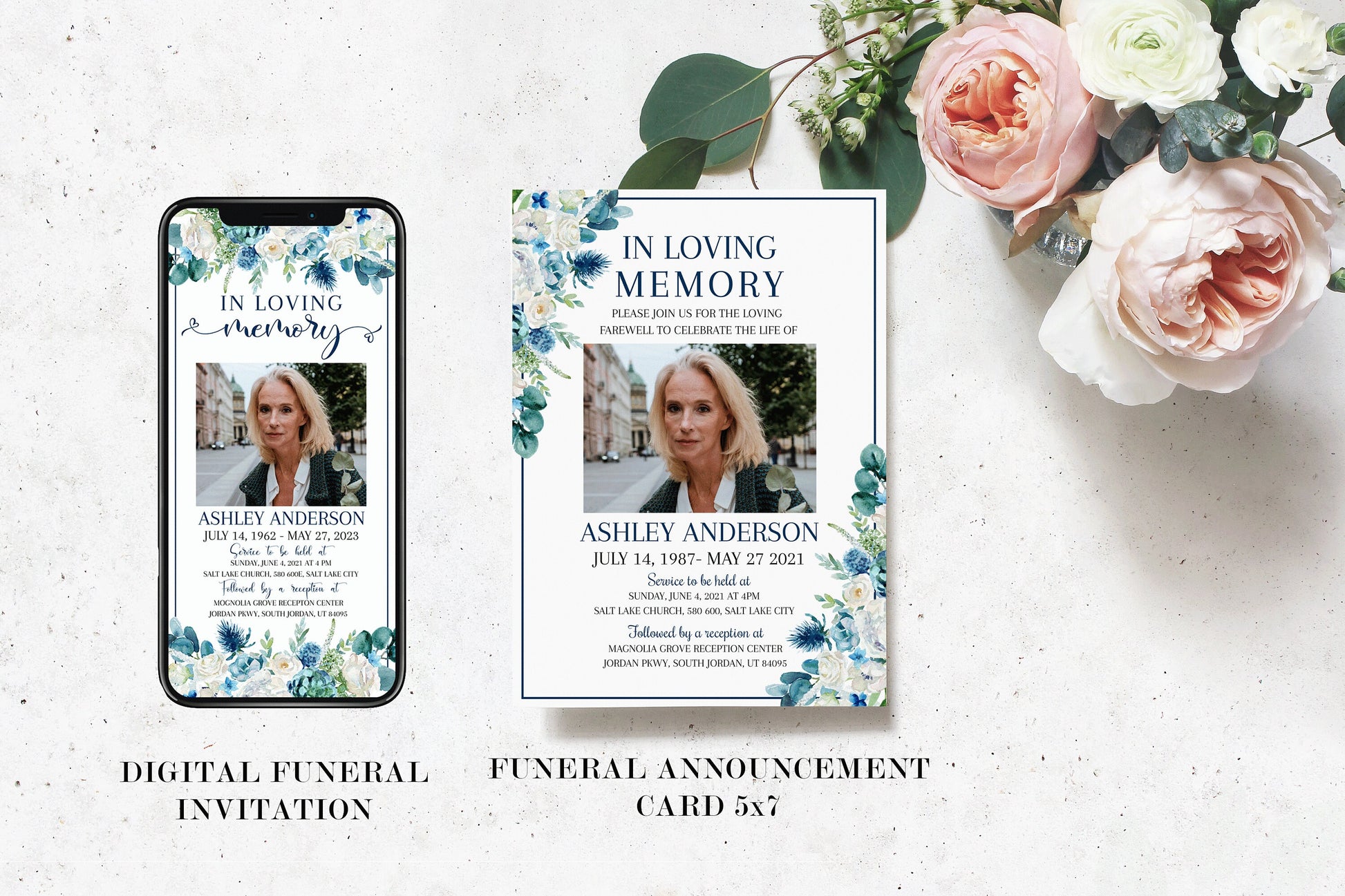 In Loving Memory Blue White Floral Funeral Bundle, Memorial Package, Celebration of Life Package, In Loving Memory Suite, Blue Funeral Set, Blue Funeral B1