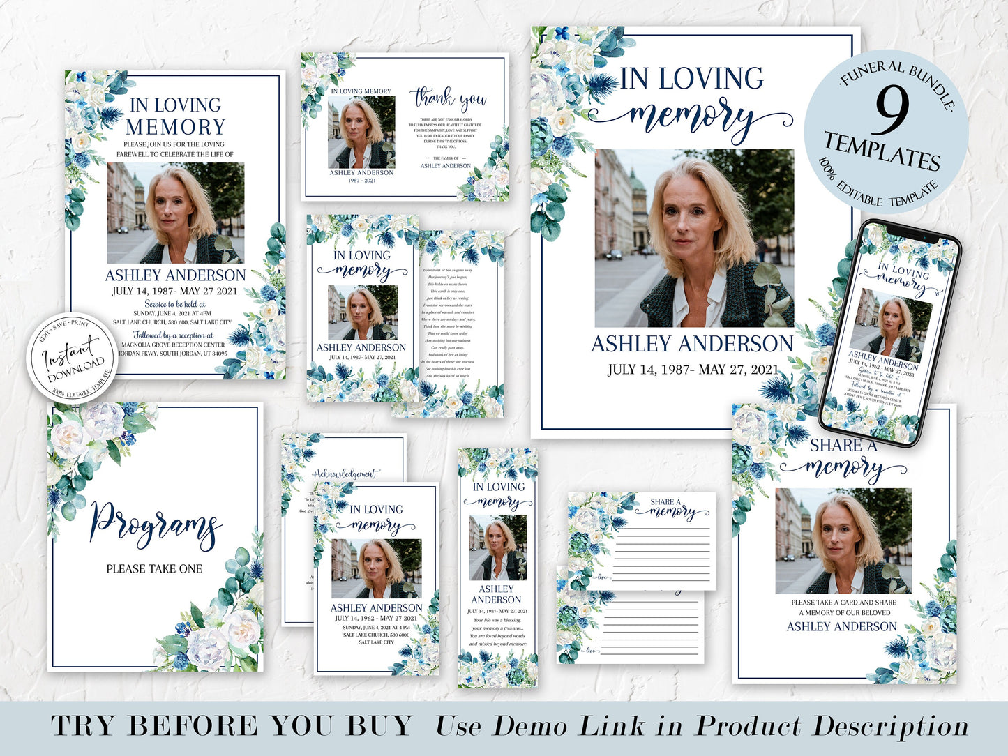 In Loving Memory Blue White Floral Funeral Bundle, Memorial Package, Celebration of Life Package, In Loving Memory Suite, Blue Funeral Set, Blue Funeral B1