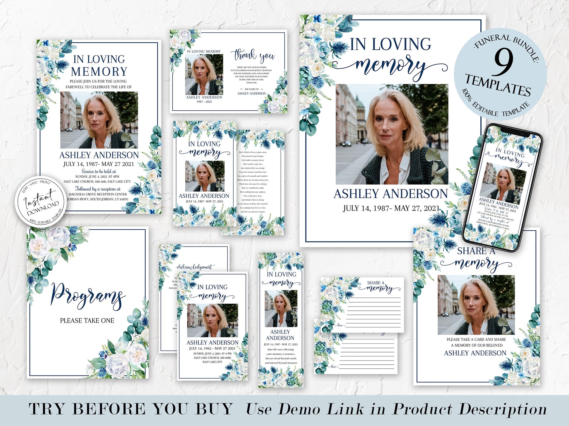In Loving Memory Blue White Floral Funeral Bundle, Memorial Package, Celebration of Life Package, In Loving Memory Suite, Blue Funeral Set, Blue Funeral B1