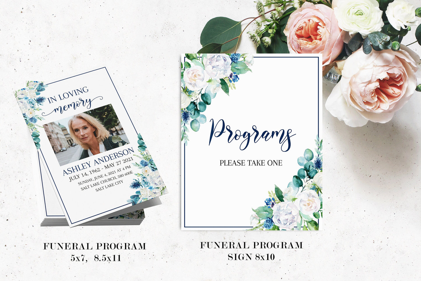 In Loving Memory Blue White Floral Funeral Bundle, Memorial Package, Celebration of Life Package, In Loving Memory Suite, Blue Funeral Set, Blue Funeral B1