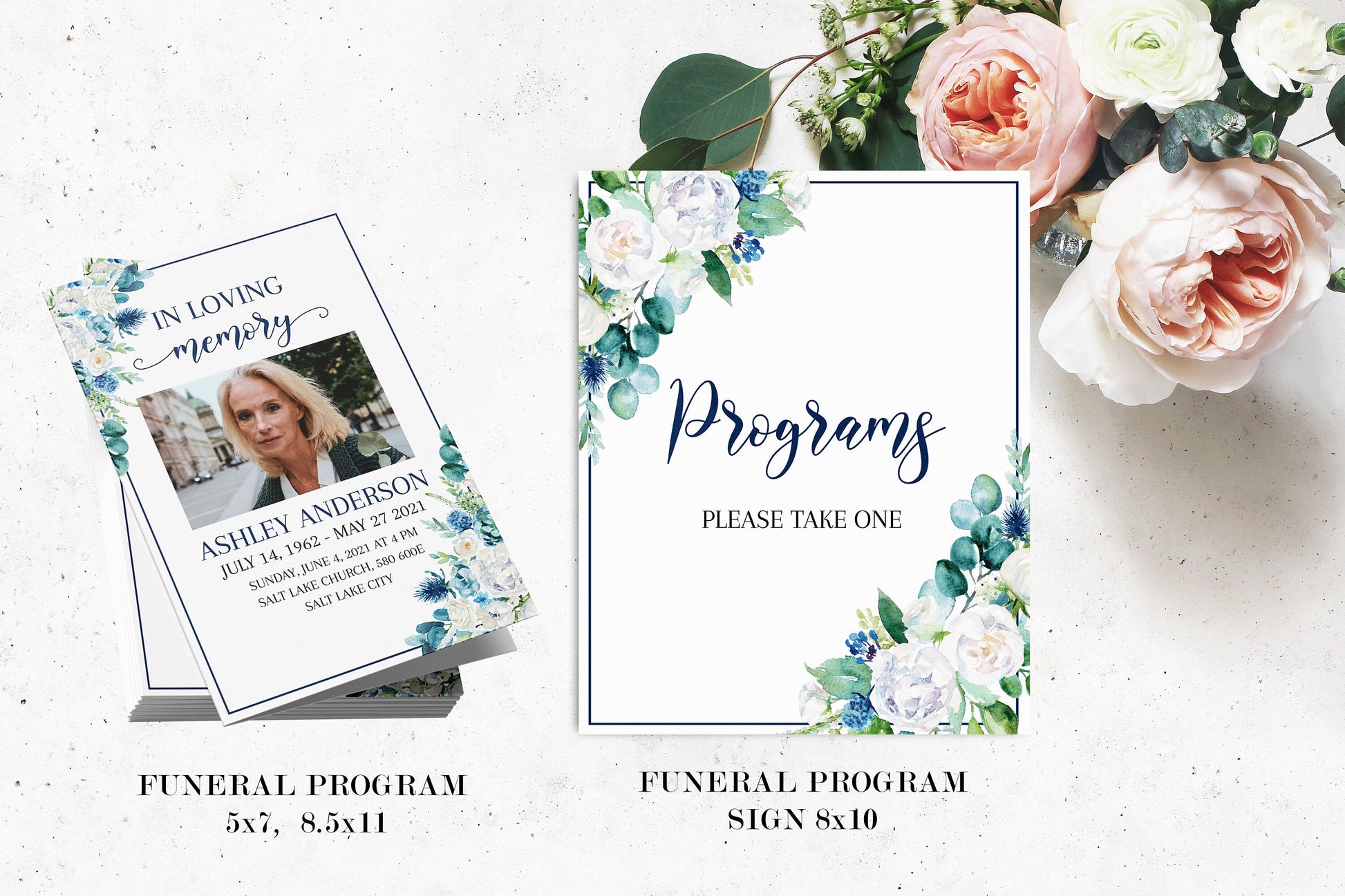 In Loving Memory Blue White Floral Funeral Bundle, Memorial Package, Celebration of Life Package, In Loving Memory Suite, Blue Funeral Set, Blue Funeral B1