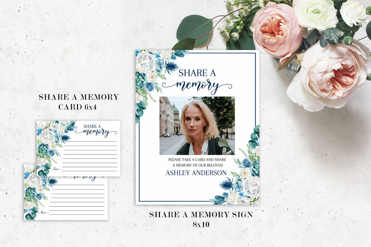 In Loving Memory Blue White Floral Funeral Bundle, Memorial Package, Celebration of Life Package, In Loving Memory Suite, Blue Funeral Set, Blue Funeral B1