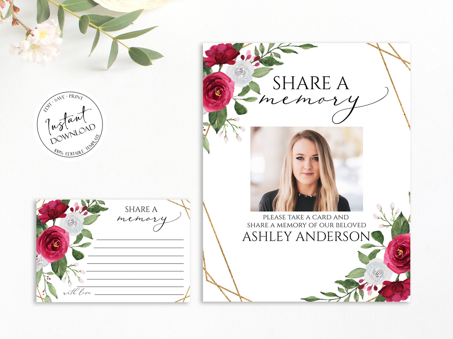White Pink Roses Share a Memory Funeral Sign and Share a Memory Card Template, White Pink Roses Funeral Memory Cards, Editable Funeral Share a Memory Cards P2