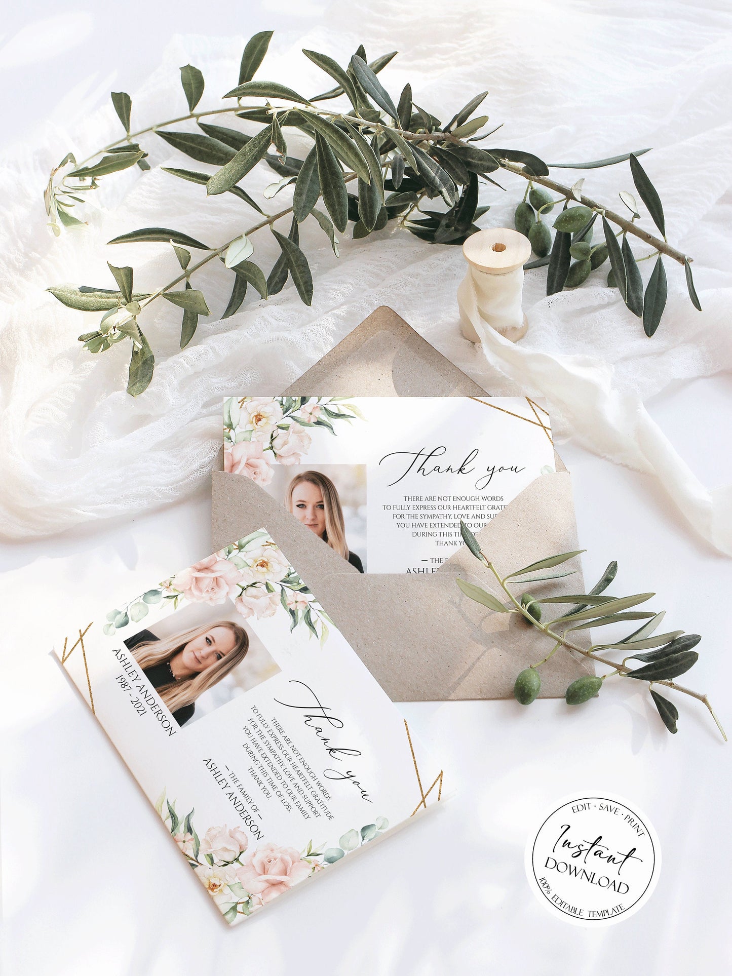Celebration of life Blush Pink Roses Funeral Photo Thank You Card Template P4