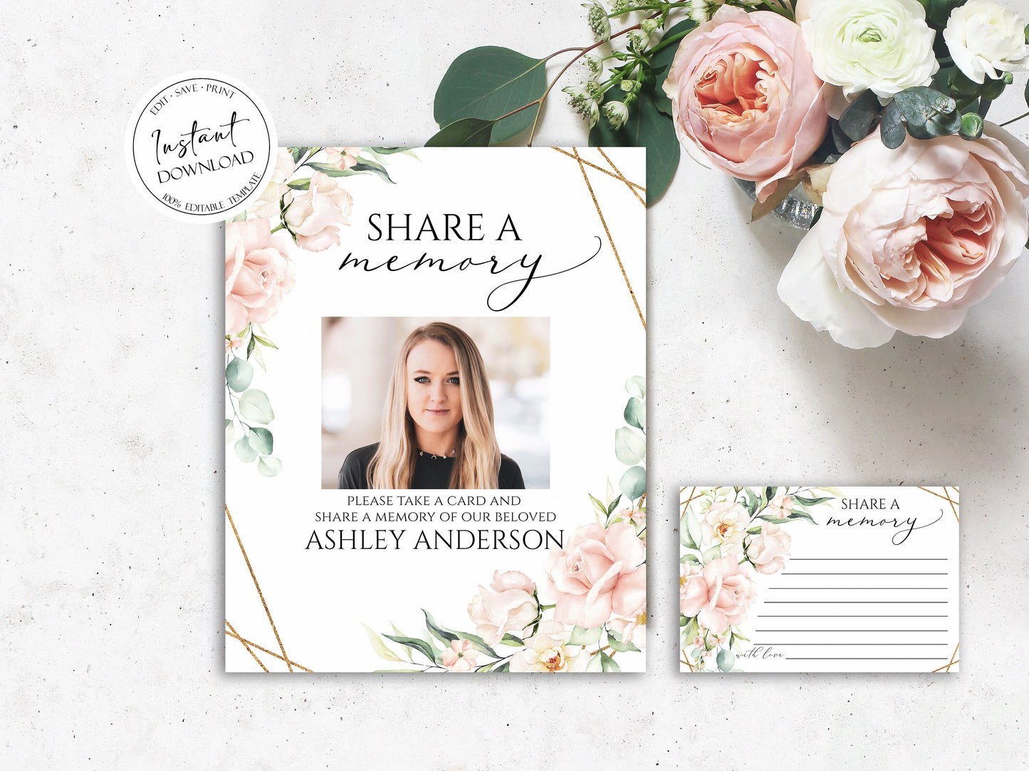 Share a Memory Funeral Sign Share a Memory Cards, Pink Roses Funeral Memory Cards, Editable Blush Funeral Share a Memory, Memorial Sign P4