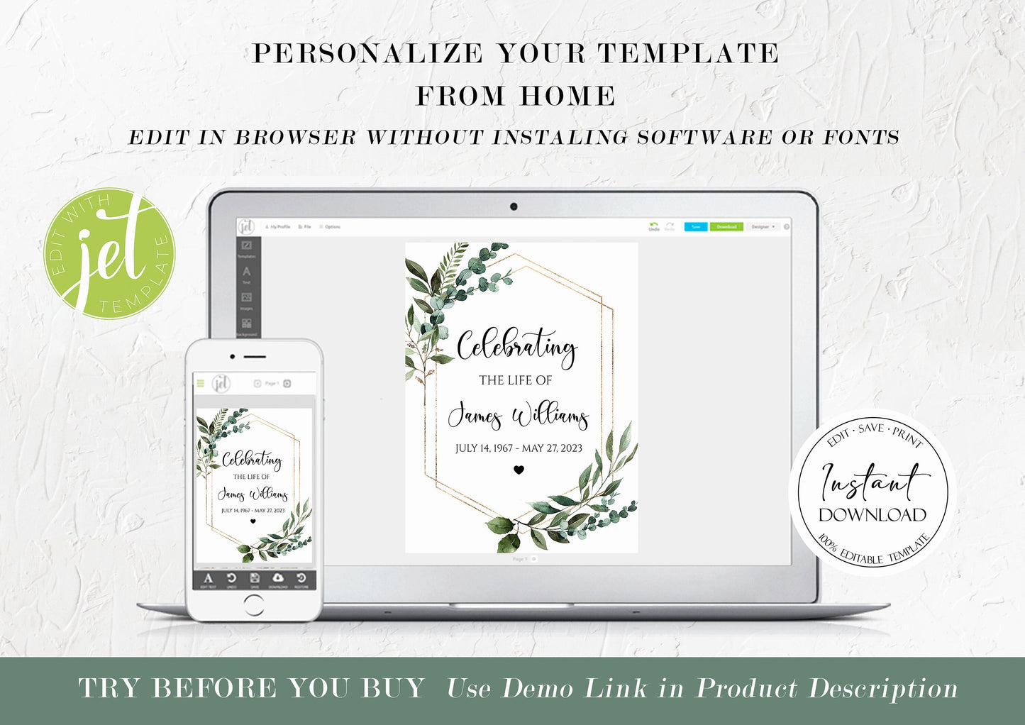 Celebration Of Life Watercolor Greenery Gold Funeral Welcome Sign Template, Memorial Welcome Poster, Obituary Memorial Sign, Greenery Funeral Welcome Sign Q1