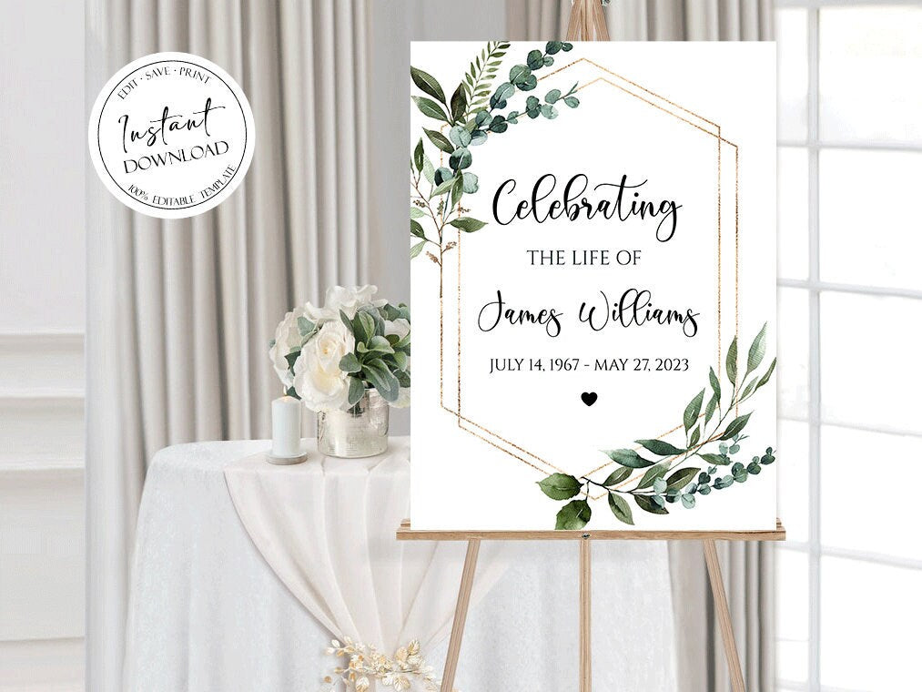 Celebration Of Life Watercolor Greenery Gold Funeral Welcome Sign Template, Memorial Welcome Poster, Obituary Memorial Sign, Greenery Funeral Welcome Sign Q1