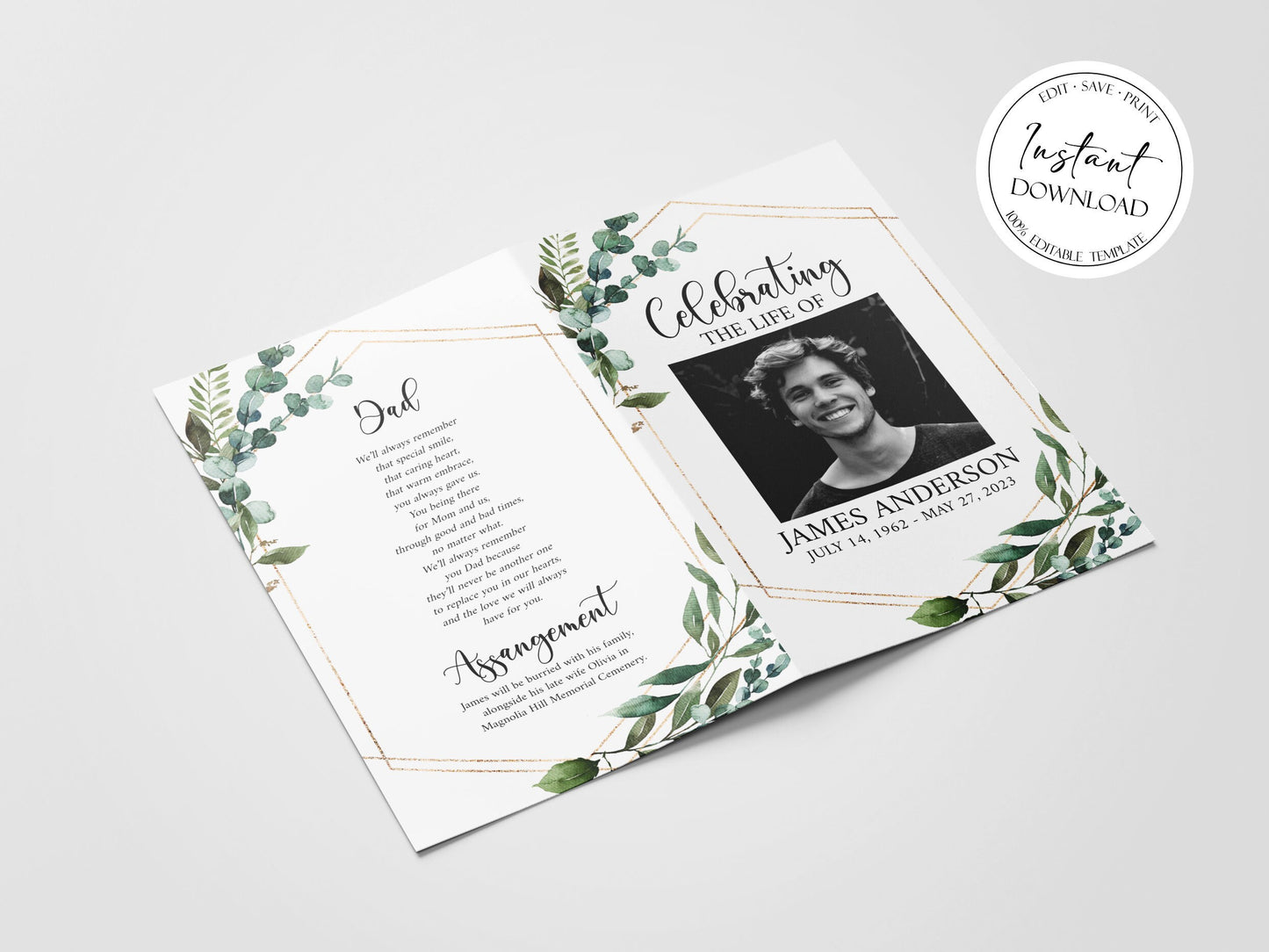 Celebration of life Watercolor Greenery Gold Funeral Program Template, Funeral Brochure, Greenery Gold Memorial Program, Obituary Program Q1