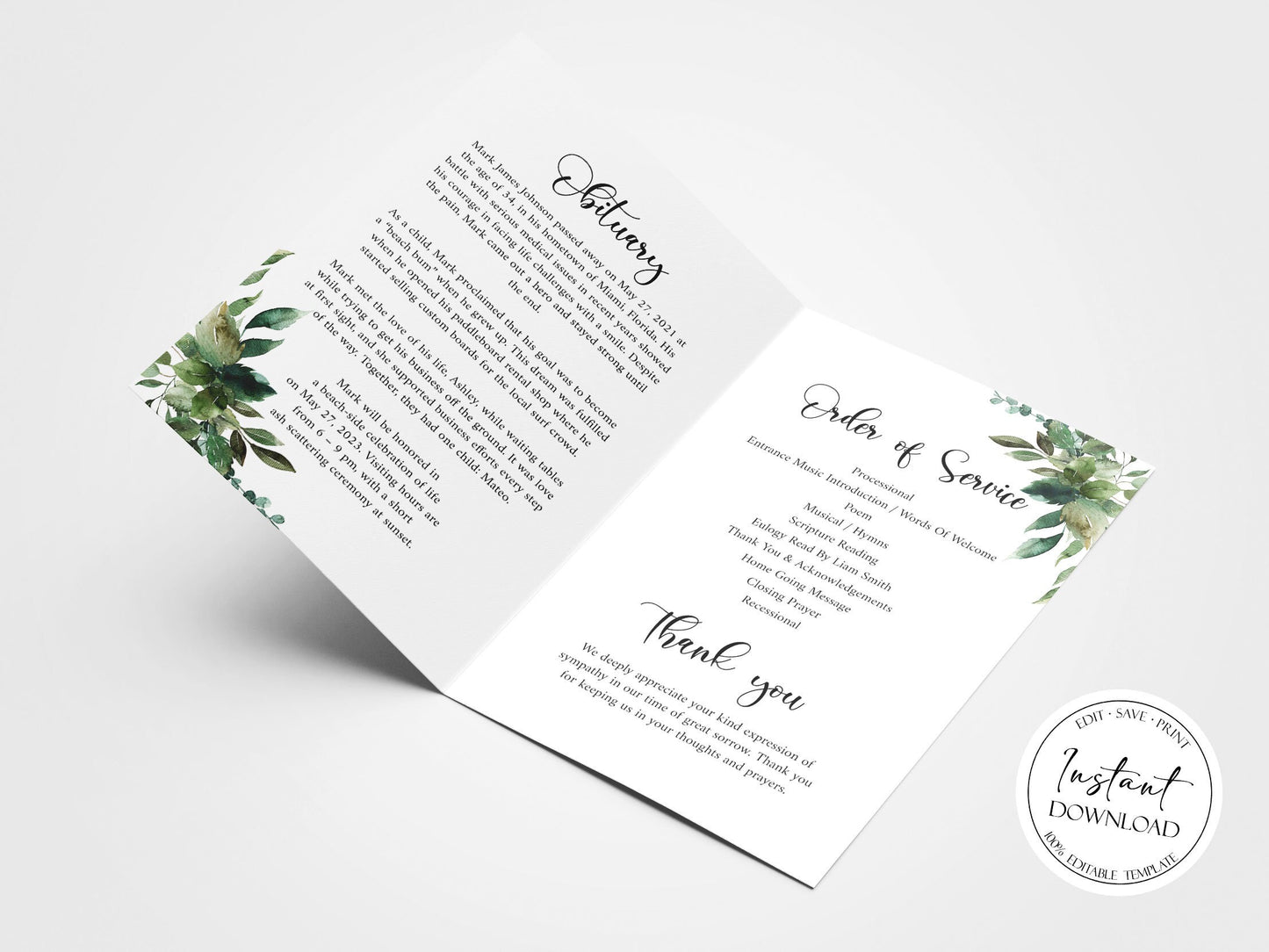 Celebration of life Watercolor Greenery Gold Funeral Program Template, Funeral Brochure, Greenery Gold Memorial Program, Obituary Program Q1