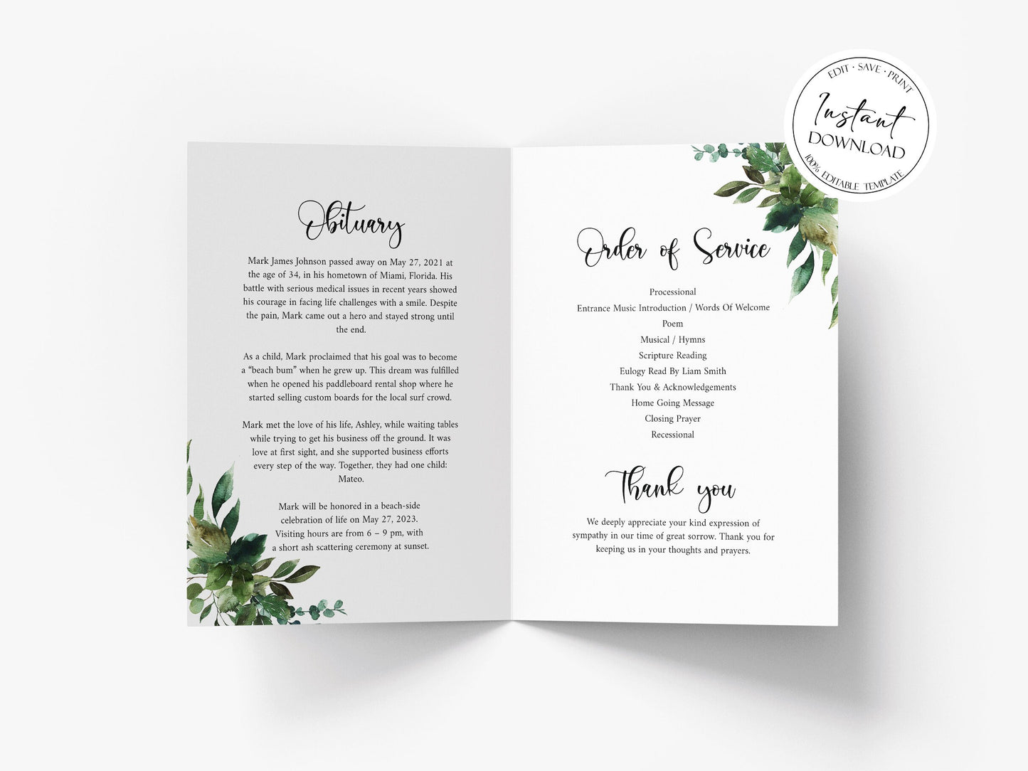 Celebration of life Watercolor Greenery Gold Funeral Program Template, Funeral Brochure, Greenery Gold Memorial Program, Obituary Program Q1