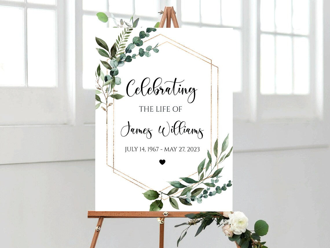 Celebration Of Life Watercolor Greenery Gold Funeral Welcome Sign Template, Memorial Welcome Poster, Obituary Memorial Sign, Greenery Funeral Welcome Sign Q1