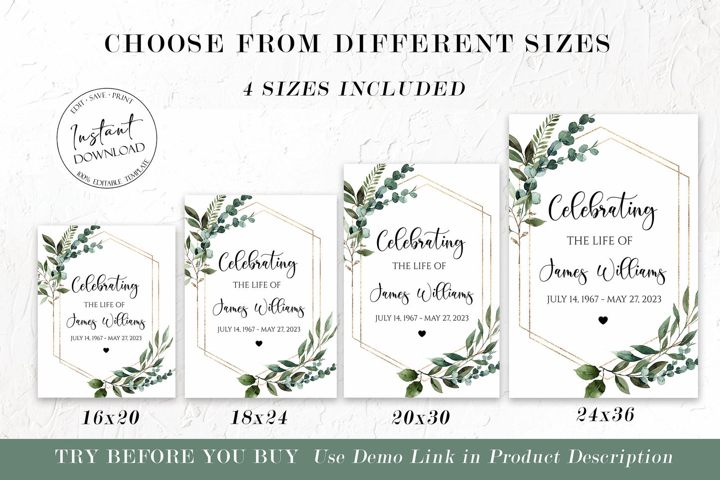 Celebration Of Life Watercolor Greenery Gold Funeral Welcome Sign Template, Memorial Welcome Poster, Obituary Memorial Sign, Greenery Funeral Welcome Sign Q1