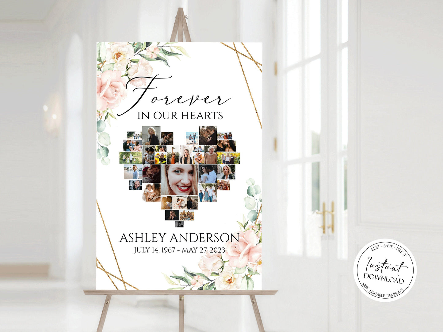 Celebration Of Life Heart Funeral Welcome Sign Editable Pink Heart Funeral Photo Collage Poster Heart Memorial Sign Forever in our Hearts P4