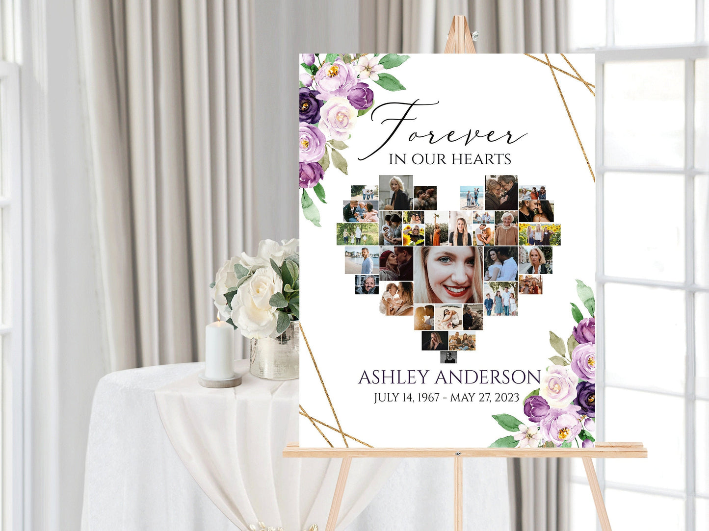 Celebration Of Life Heart Funeral Welcome Sign Editable Purple Floral Hearts Memorial Photo Collage Poster Forever in our Hearts Memory Sign p1