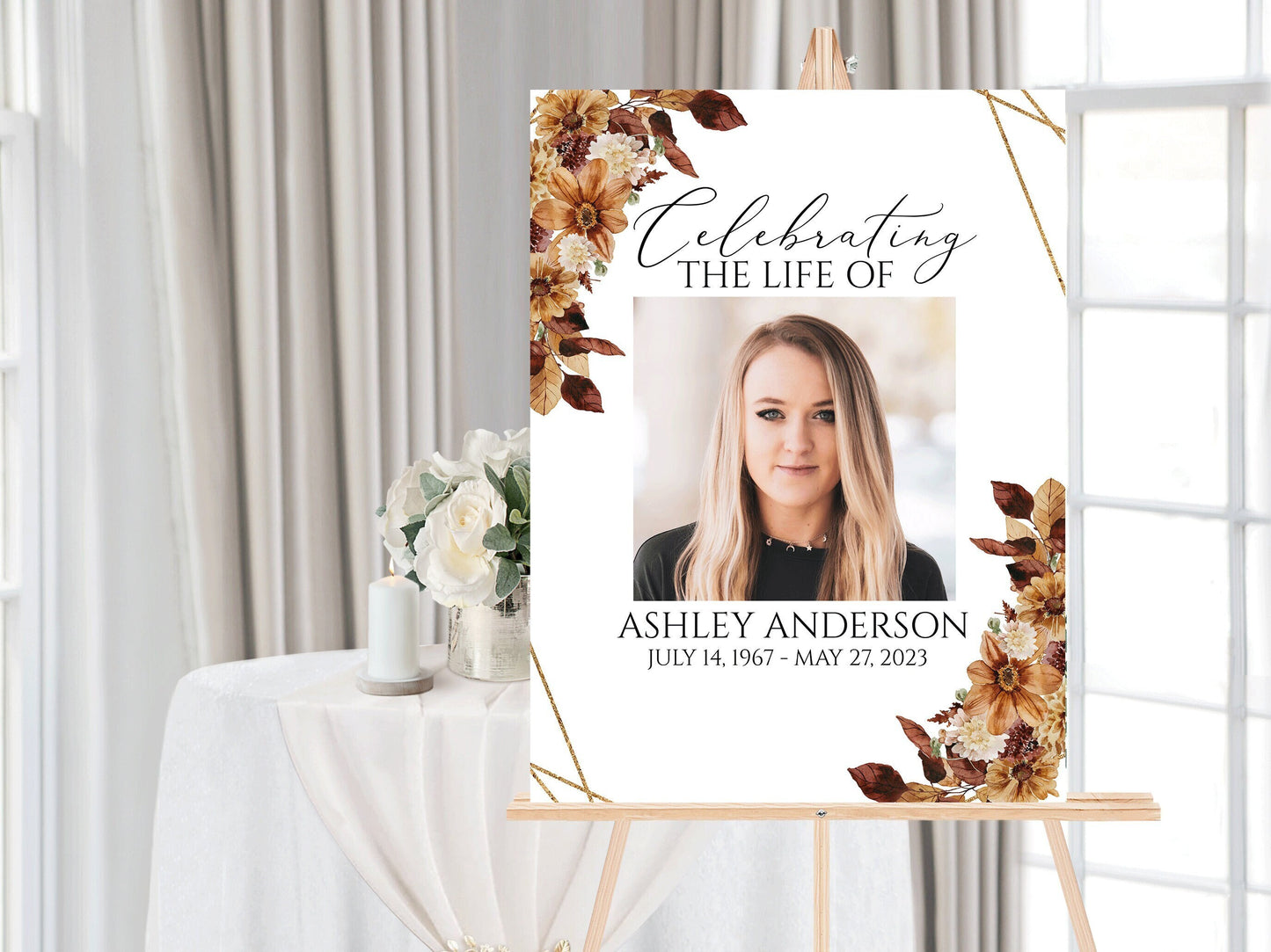 Celebration Of Life Orange Brown Dried Leaves Fall Funeral Welcome Sign Template, Fall Memorial Sign, Autumn Funeral Welcome Sign
