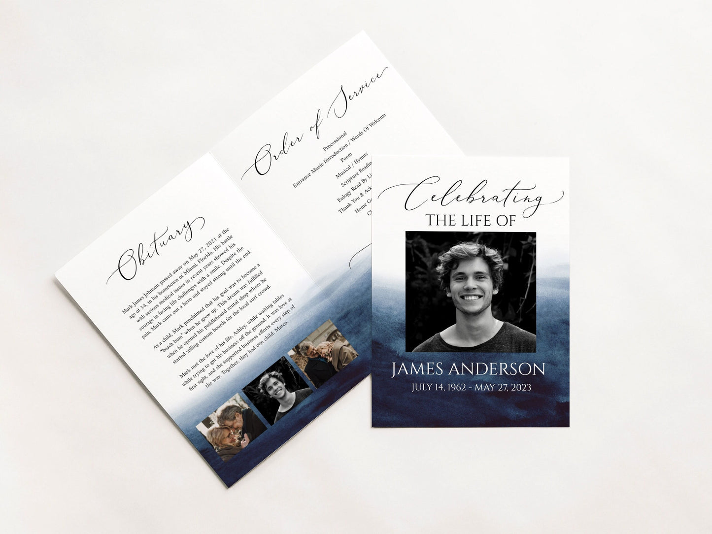 Celebration of Life Funeral Program Template, Blue Watercolor Funeral Brochure, Ocean Blue Memorial Program, Obituary Program for men B5