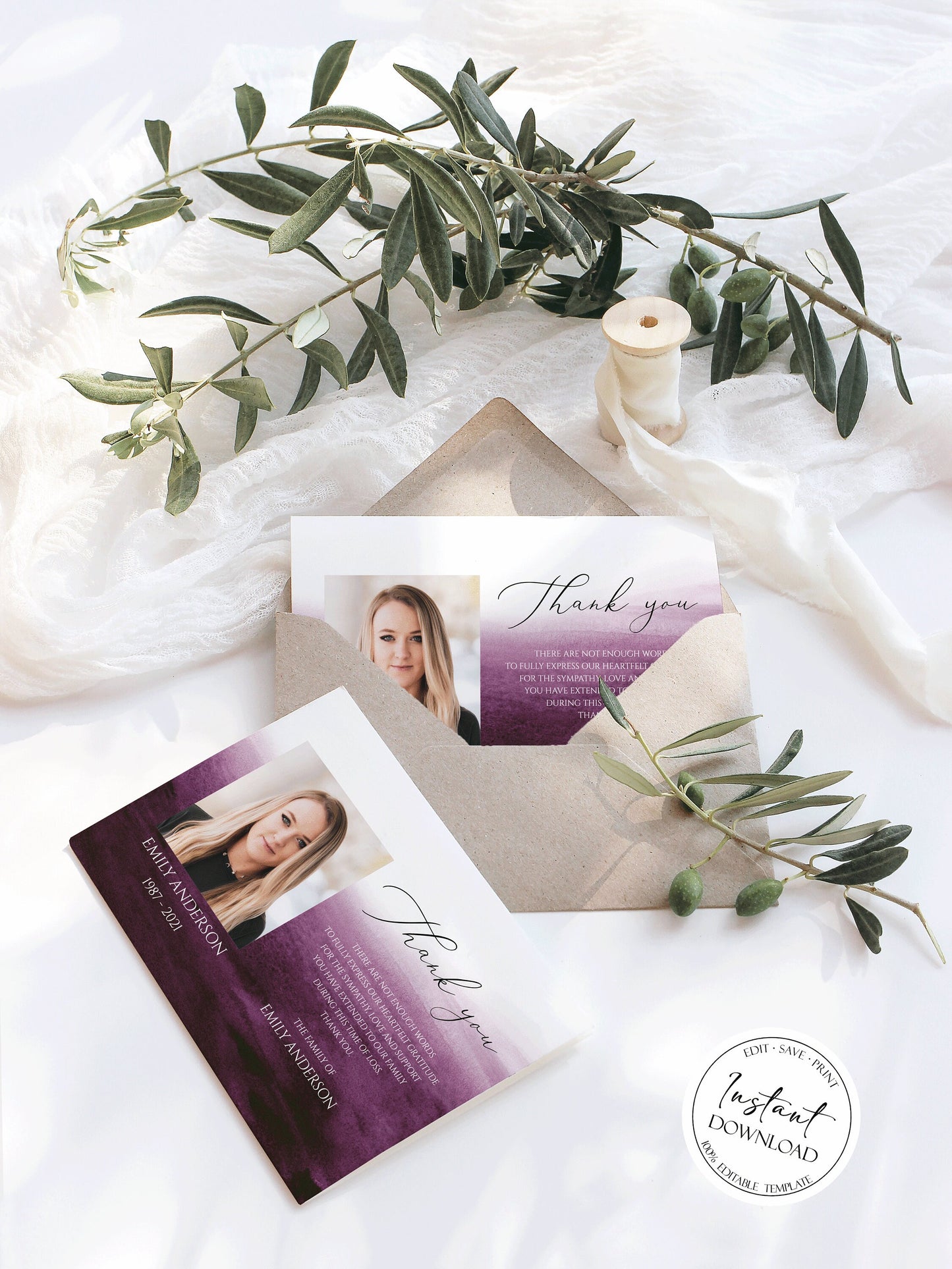 Celebration of life Pink Fuchsia Watercolor Funeral Photo Thank You Card Template, Purple Watercolor Memorial Thank You Card Template, Pink Sympathy Card