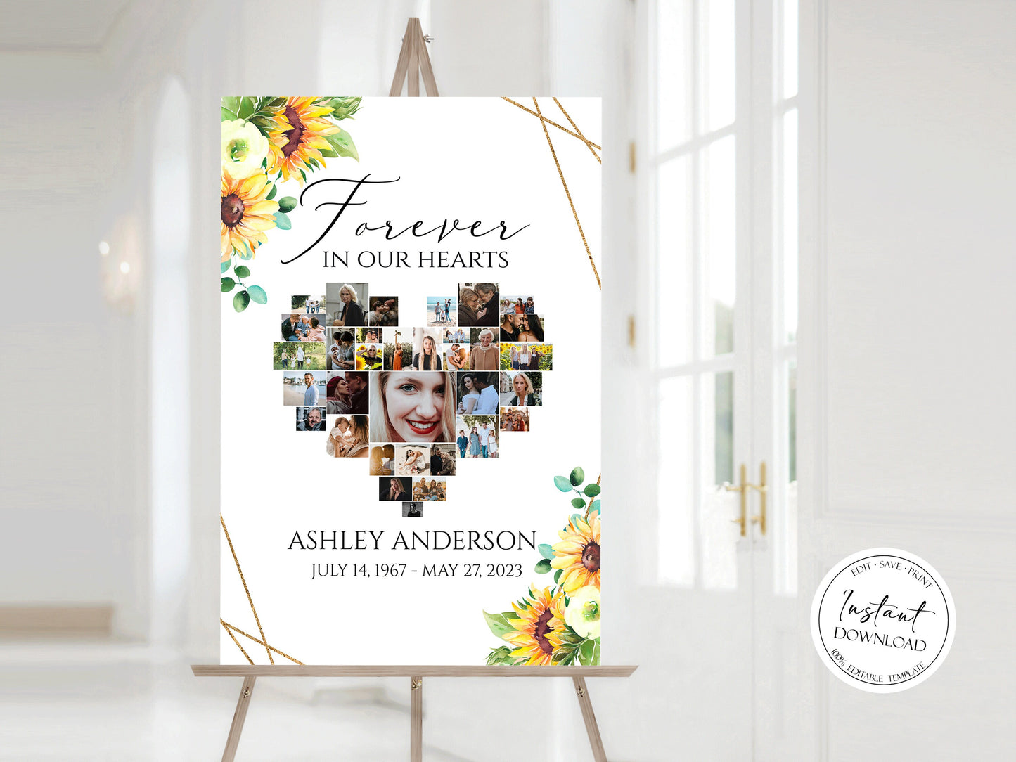 Forever in our Hearts Sunflower Heart Photo Collage Funeral Welcome Sign Template, Editable Sunflower Hearts Memorial Photo Collage Poster Forever in our Hearts Sign