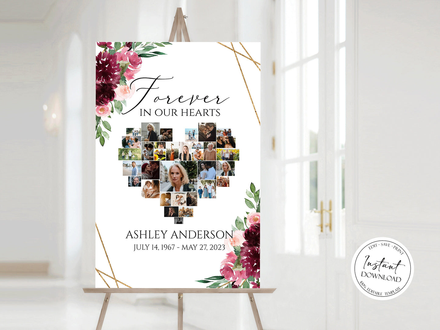Celebration Of Life Red Roses Heart Funeral Welcome Sign, Editable Hearts Memorial Photo Collage Poster, Forever in our Heart Memory Sign R3