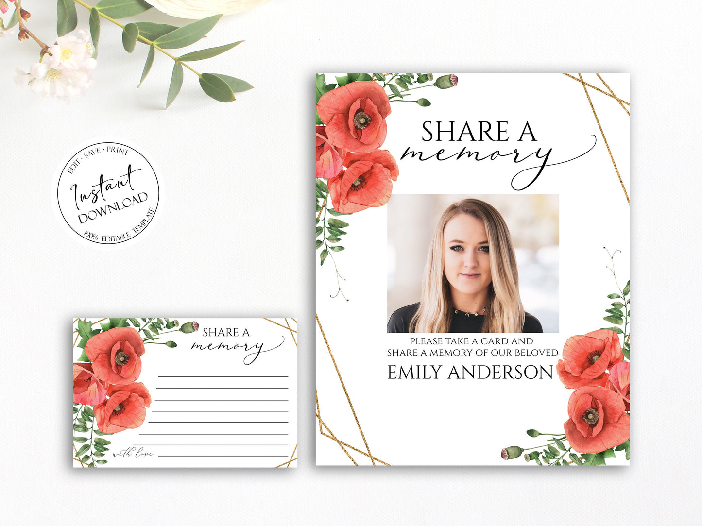 Red Poppies Greenery Share a Memory Funeral Sign Share a Memory Card Template RP1