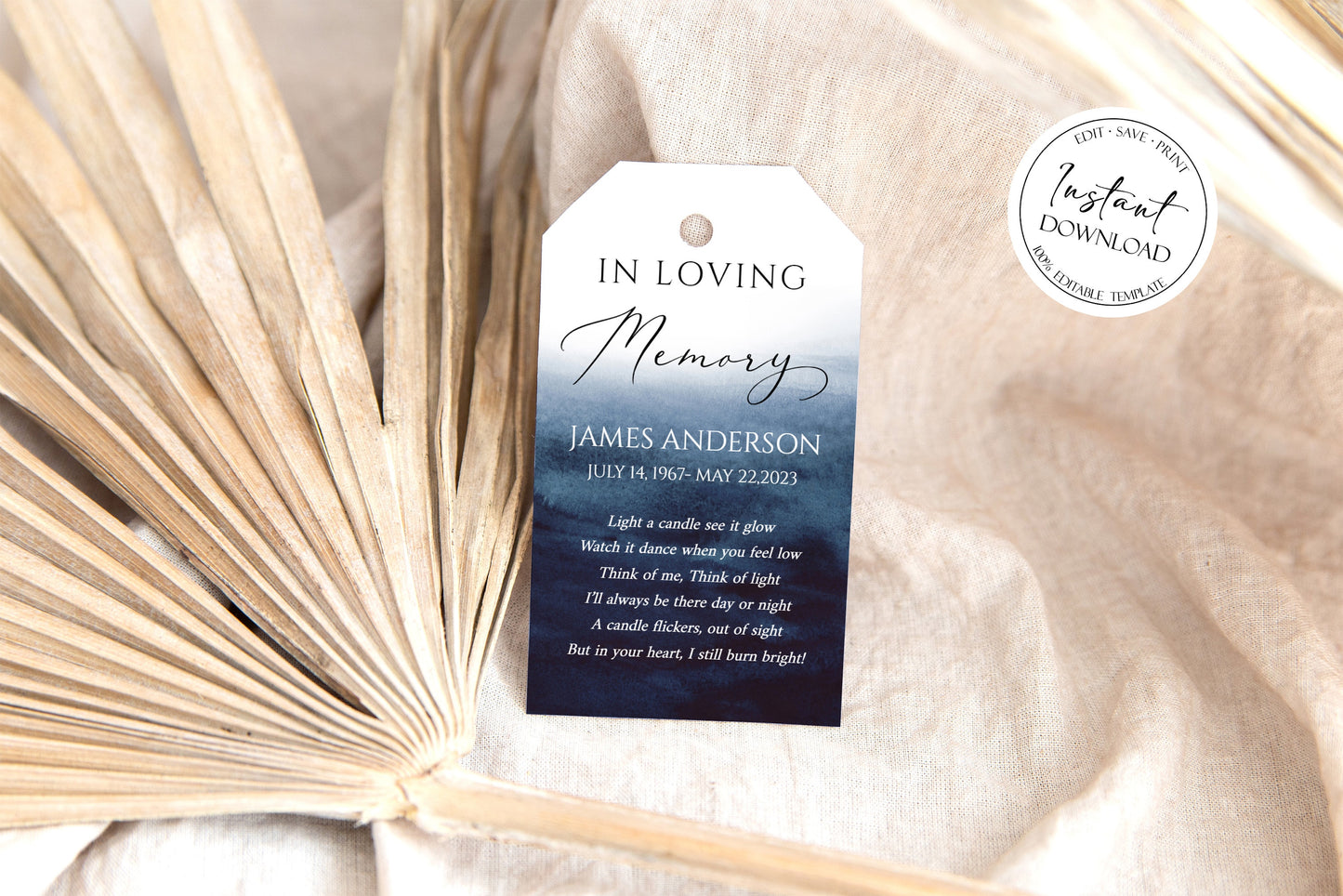 Celebration of life Invitation Ocean Funeral Favor Tag Template Memorial Candle Favor Tag, Blue In Loving Memory Favor Tag, Funeral Keepsake B5