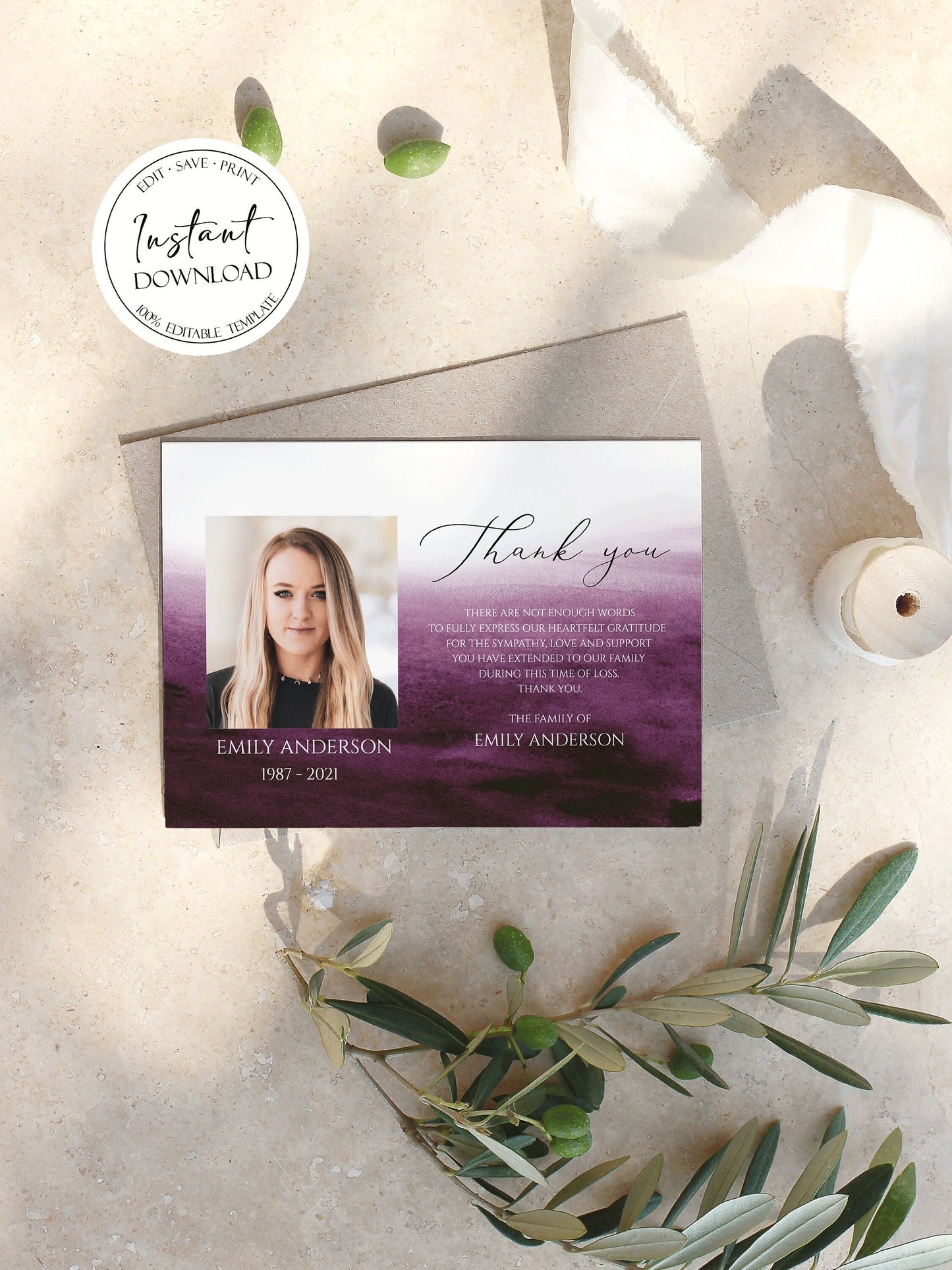 Celebration of life Pink Fuchsia Watercolor Funeral Photo Thank You Card Template, Purple Watercolor Memorial Thank You Card Template, Pink Sympathy Card