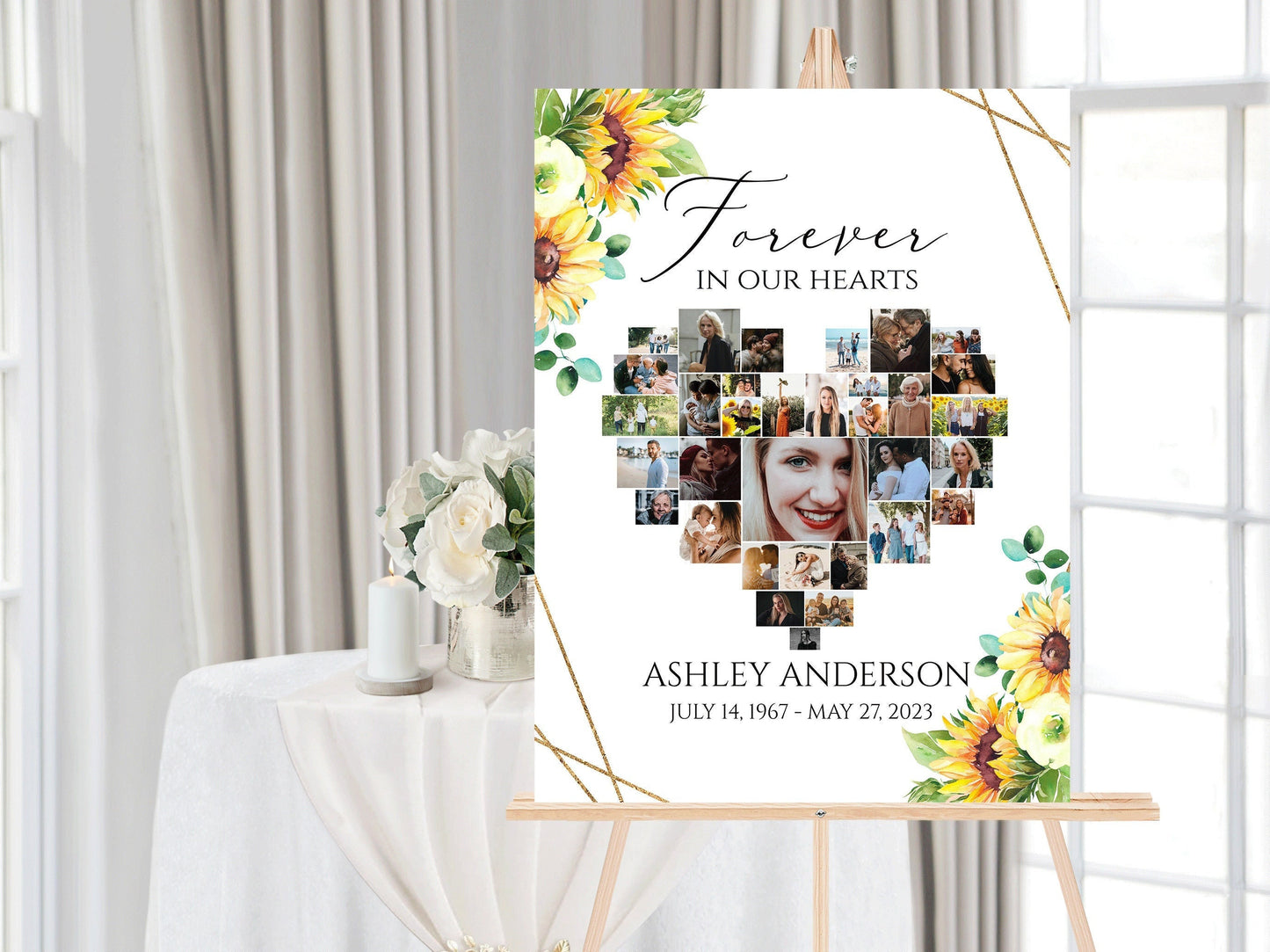 Forever in our Hearts Sunflower Heart Photo Collage Funeral Welcome Sign Template, Editable Sunflower Hearts Memorial Photo Collage Poster Forever in our Hearts Sign