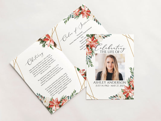 11X17 Celebration of Life Christmas Winter Red Greenery Funeral Program Template , Winter Memorial Program, Winter Red Greenery Obituary Program