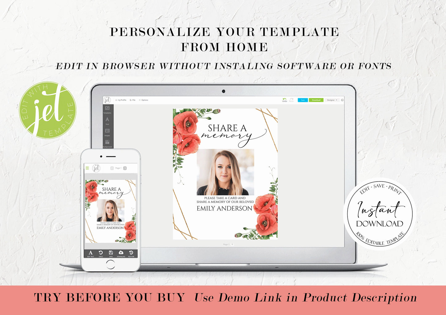 Red Poppies Greenery Share a Memory Funeral Sign Share a Memory Card Template RP1