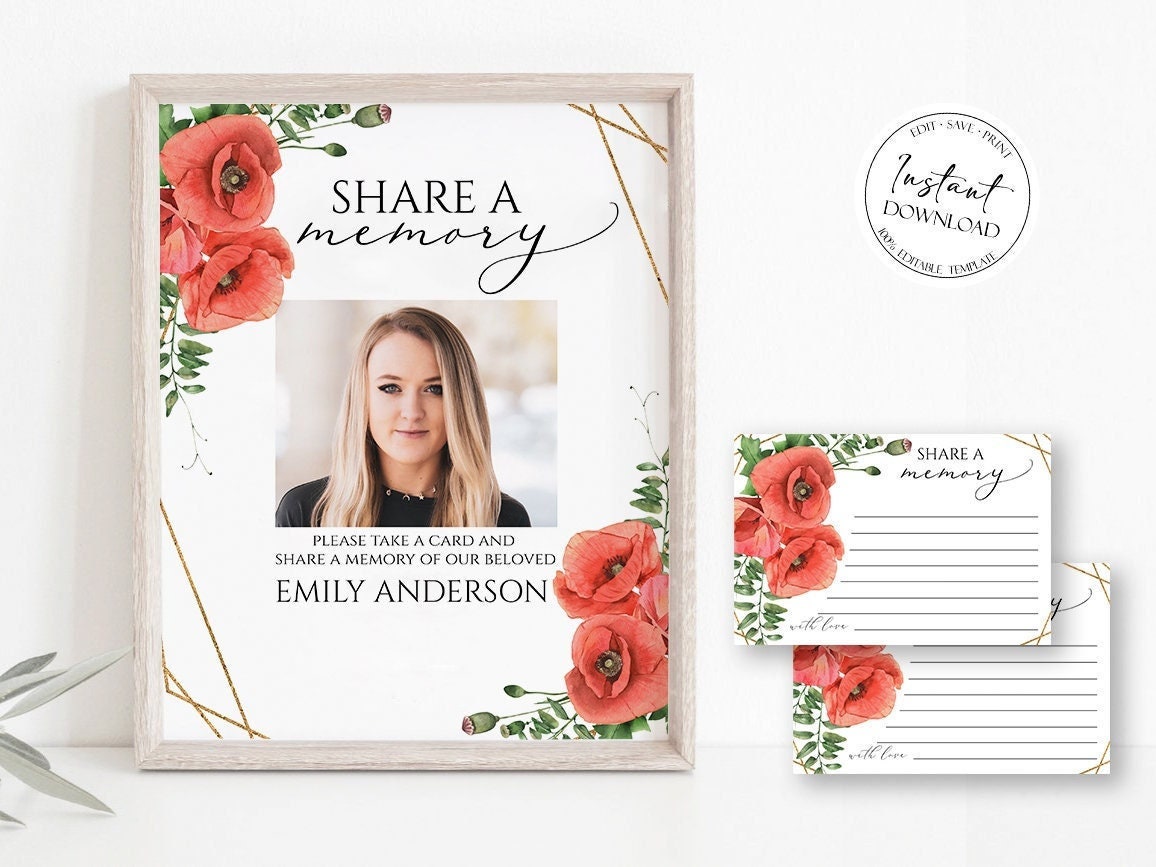 Red Poppies Greenery Share a Memory Funeral Sign Share a Memory Card Template RP1