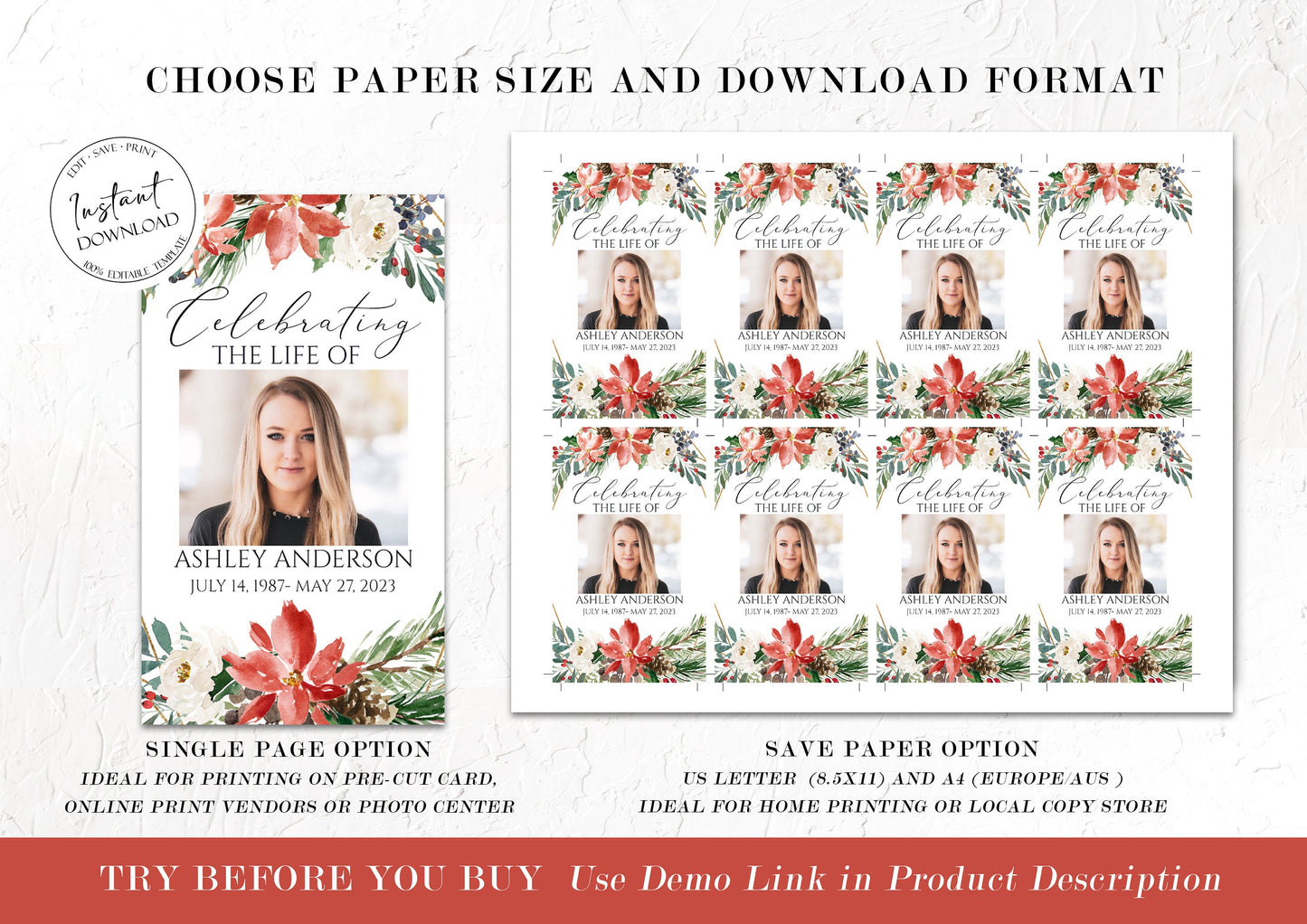 Celebration Of Life Christmas Winter Red Greenery Gold Funeral Prayer Card Template, Winter Memorial Prayer Card Template Funeral Prayer Card, Catholic Mass Card