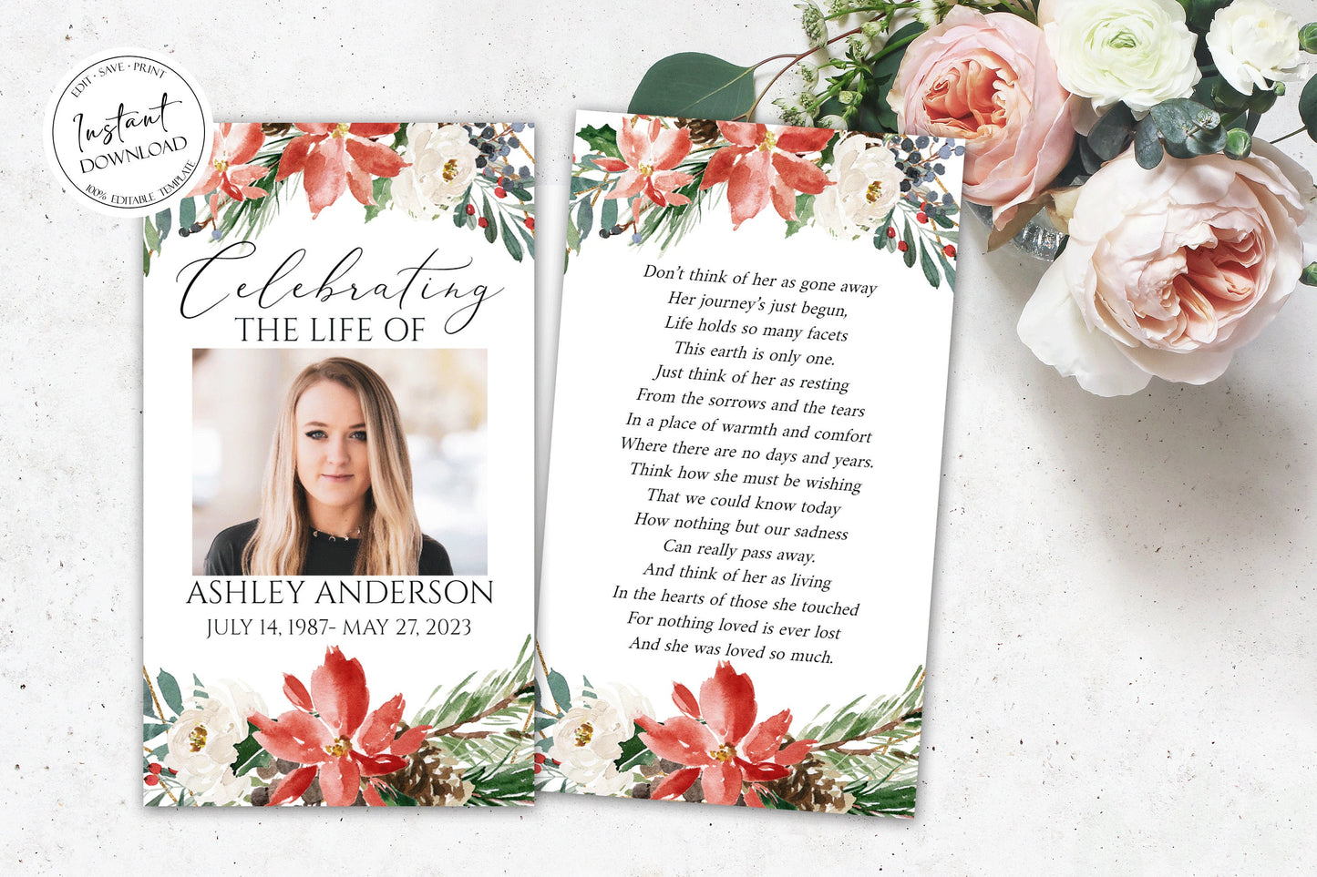 Celebration Of Life Christmas Winter Red Greenery Gold Funeral Prayer Card Template, Winter Memorial Prayer Card Template Funeral Prayer Card, Catholic Mass Card