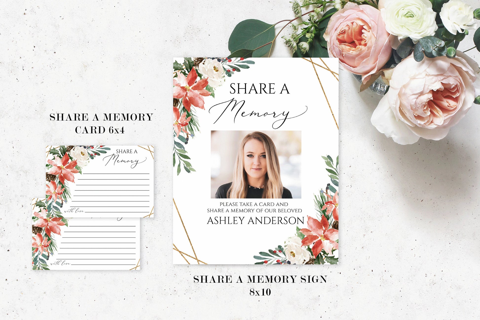 Editable Celebration of Life Christmas Winter Red Greenery Gold Funeral Bundle Templates, Christmas Memorial Package, Celebration of Life Funeral Set