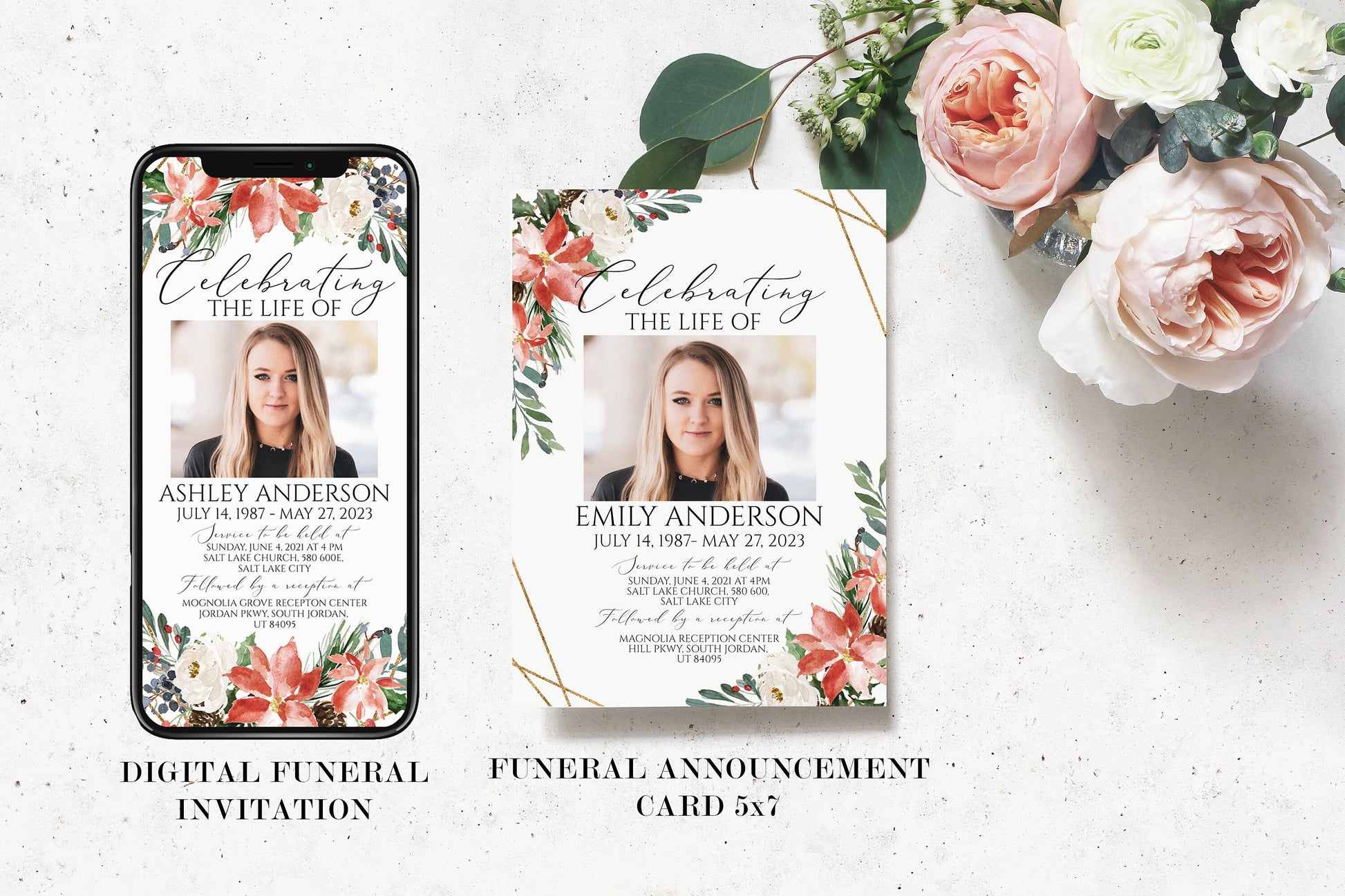 Editable Celebration of Life Christmas Winter Red Greenery Gold Funeral Bundle Templates, Christmas Memorial Package, Celebration of Life Funeral Set