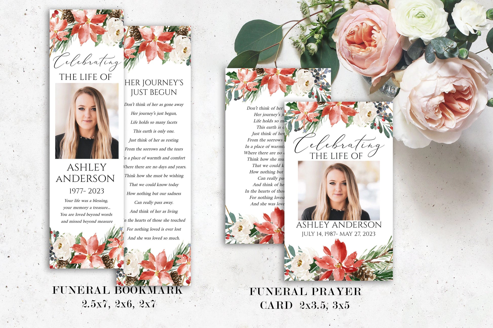 Editable Celebration of Life Christmas Winter Red Greenery Gold Funeral Bundle Templates, Christmas Memorial Package, Celebration of Life Funeral Set