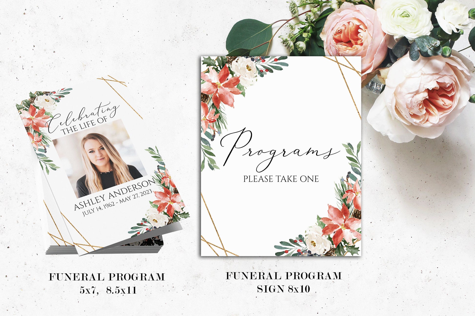 Editable Celebration of Life Christmas Winter Red Greenery Gold Funeral Bundle Templates, Christmas Memorial Package, Celebration of Life Funeral Set