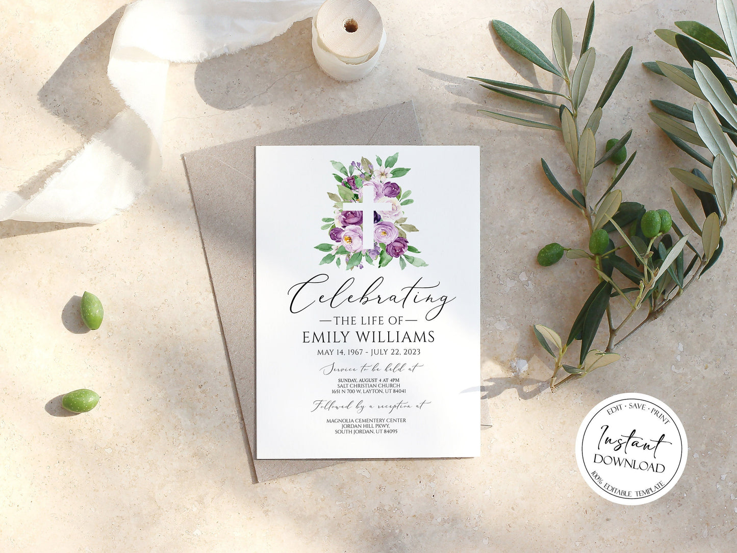 Celebration of life Invitation, Purple Flower Cross Funeral Invitation, Purple Funeral Announcement Card Template Memorial Service Invite P1