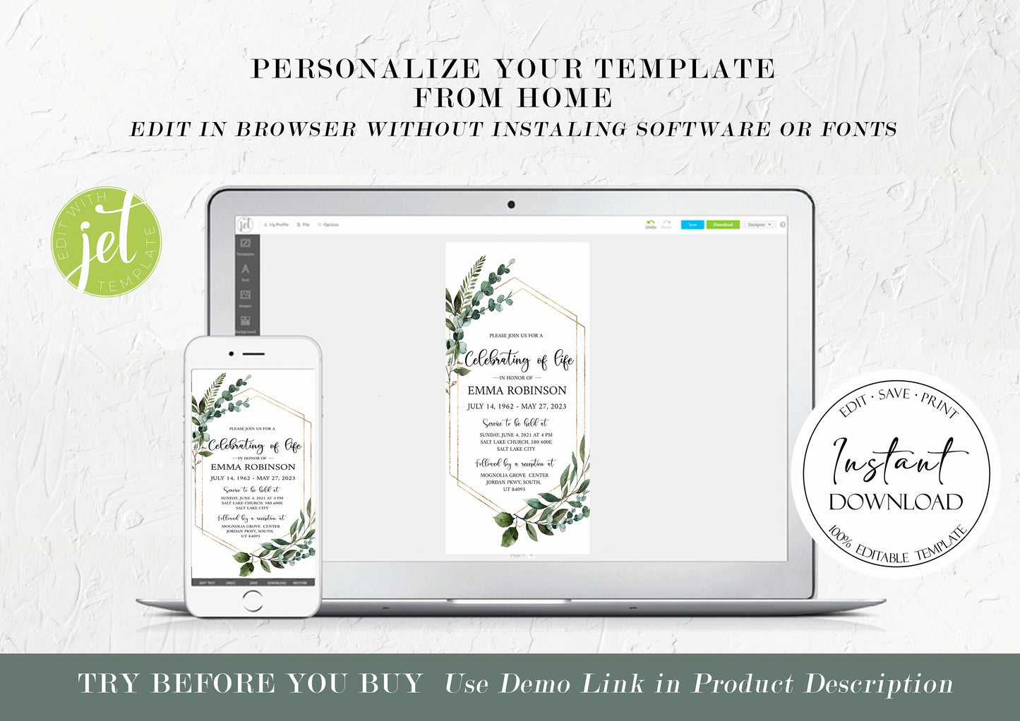 Celebration of life Watercolor Greenery Gold Digital Funeral Invitation Template, Funeral Announcement Electronic Funeral Invite Memorial Service Evite Q1