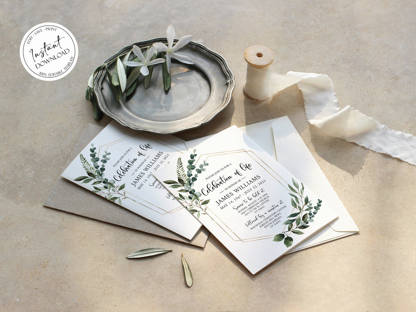 Celebration of life Watercolor Greenery Gold Funeral Invitation Template, Funeral Announcement Funeral Card Template, Memorial Service Invitation Q1