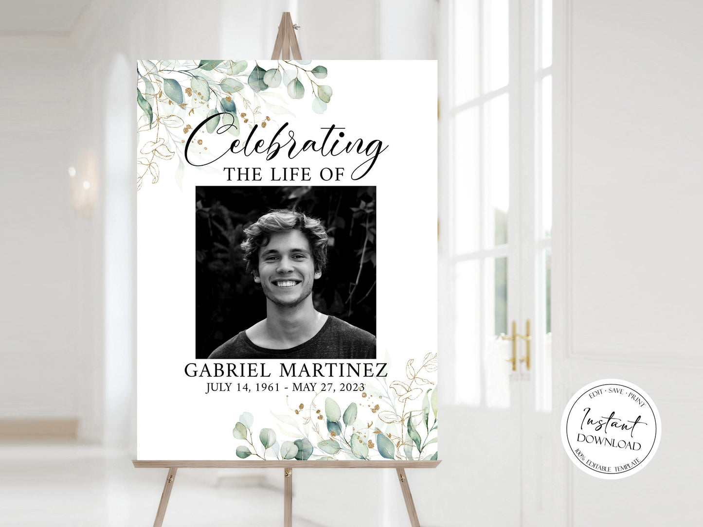 Editable Celebration Of Life Watercolor Greenery Gold Funeral Welcome Sign Template Large Funeral Sign, Funeral Sign Poster, Funeral Decoration G1