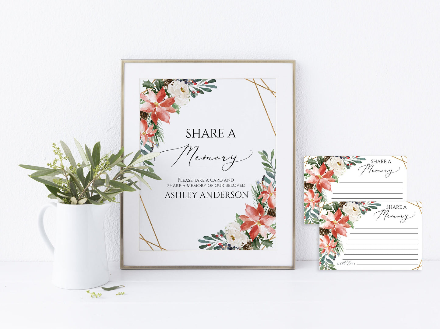 Christmas Winter Red Greenery Gold Share a Memory Funeral Sign Share a Memory Card Template W1